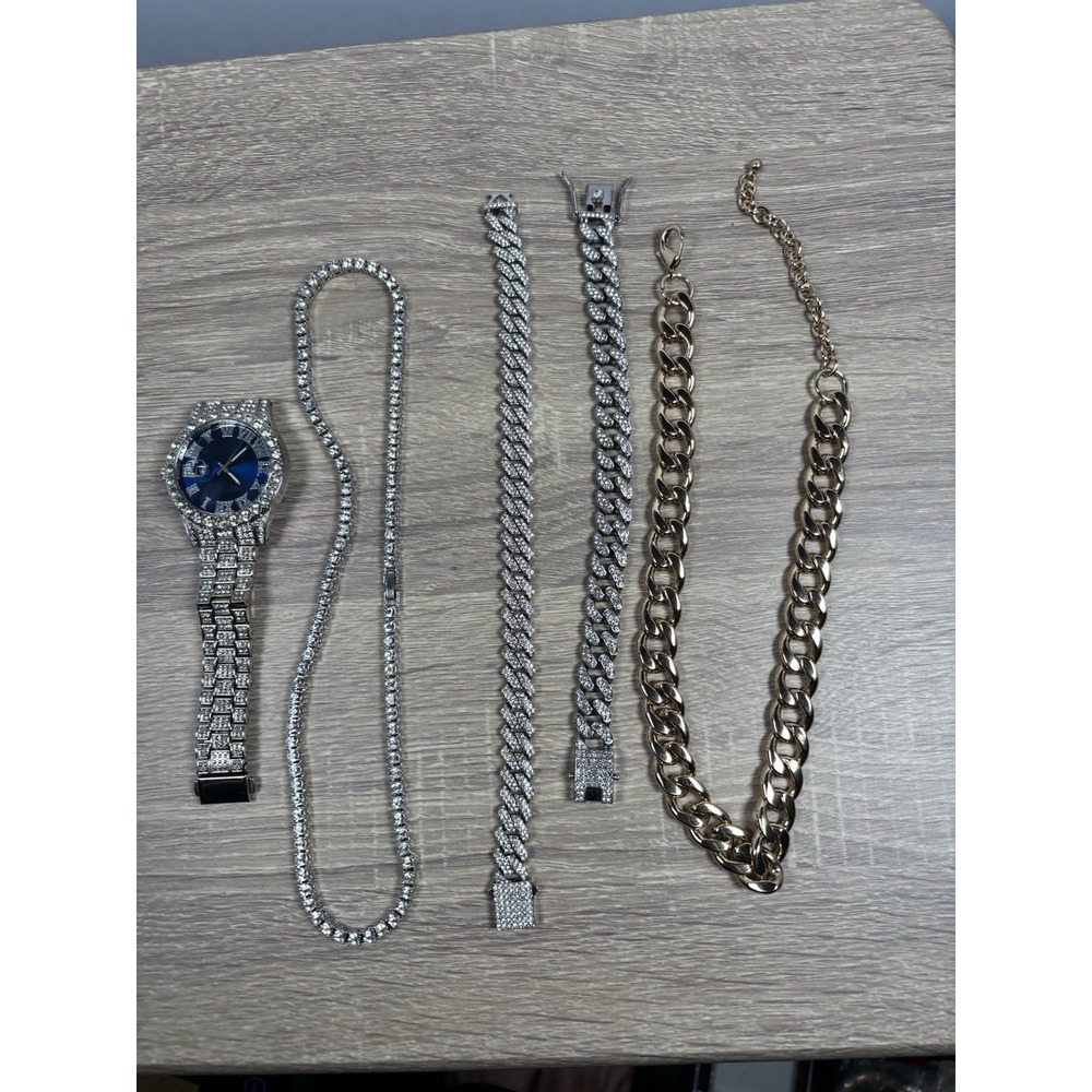 Men's Iced Out Jewelry Lot Blue Dial Quartz Watch Cuban Tennis Chain Bracelets